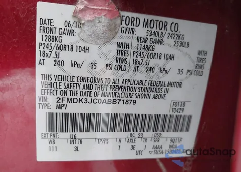 2010 Ford Edge Sel z USA, uszkodzony, nr VIN 2FMDK3JC0ABB71879